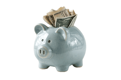 Light blue piggy bank with dollar bills.