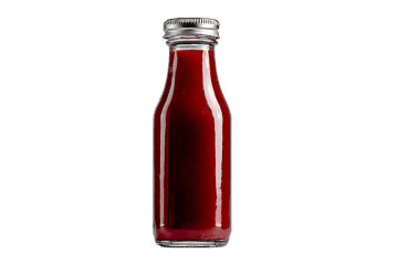 Glass bottle of red juice or smoothie.