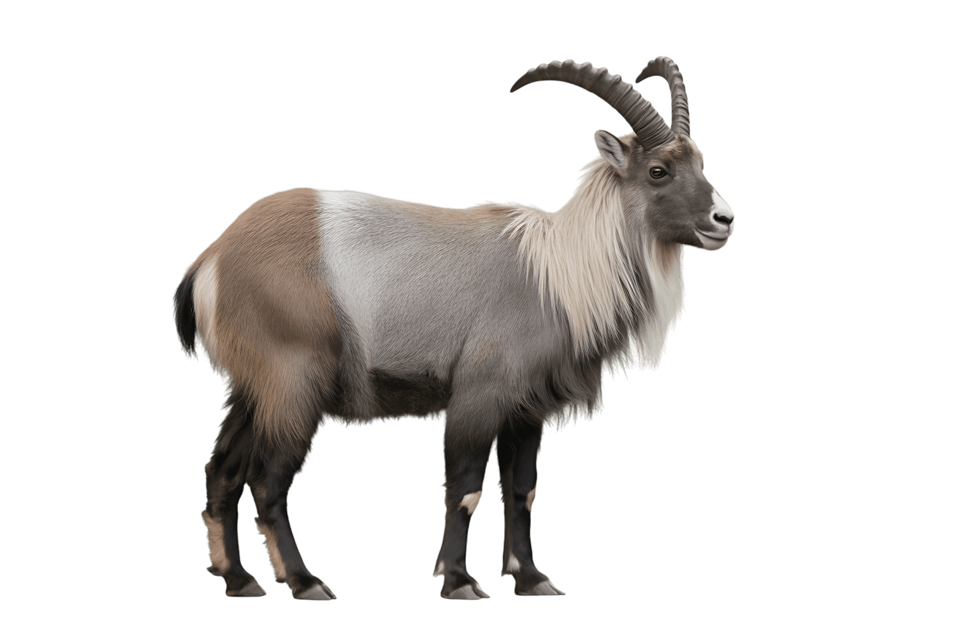 Majestic nubian ibex with curved horns on black