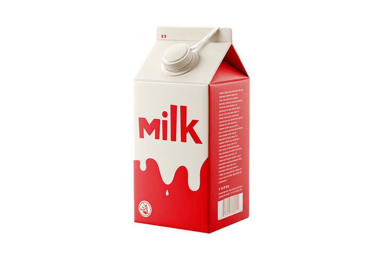 Red carton of milk with a spoon on top.
