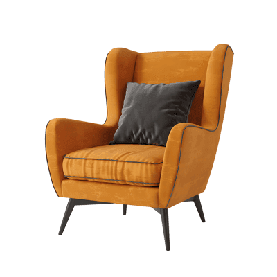 Orange armchair with dark gray cushion.