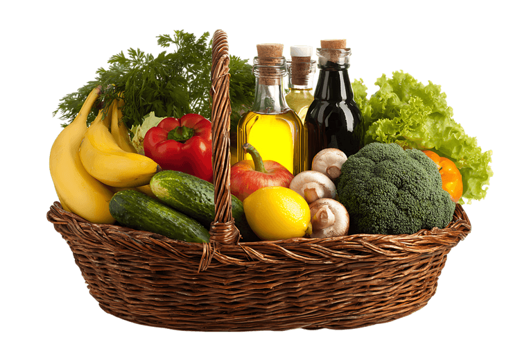 Fresh fruits, vegetables, and oils in a wicker basket.