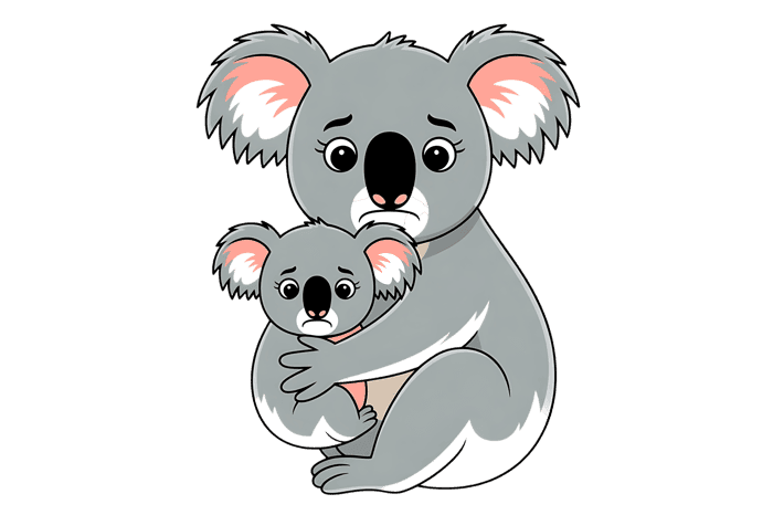Sad koala mother hugging baby cartoon illustration