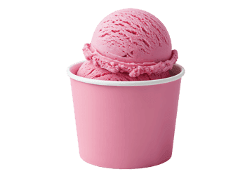 Two scoops of strawberry ice cream in a pink cup