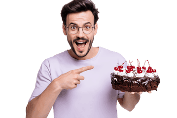 Man points at delicious chocolate cake