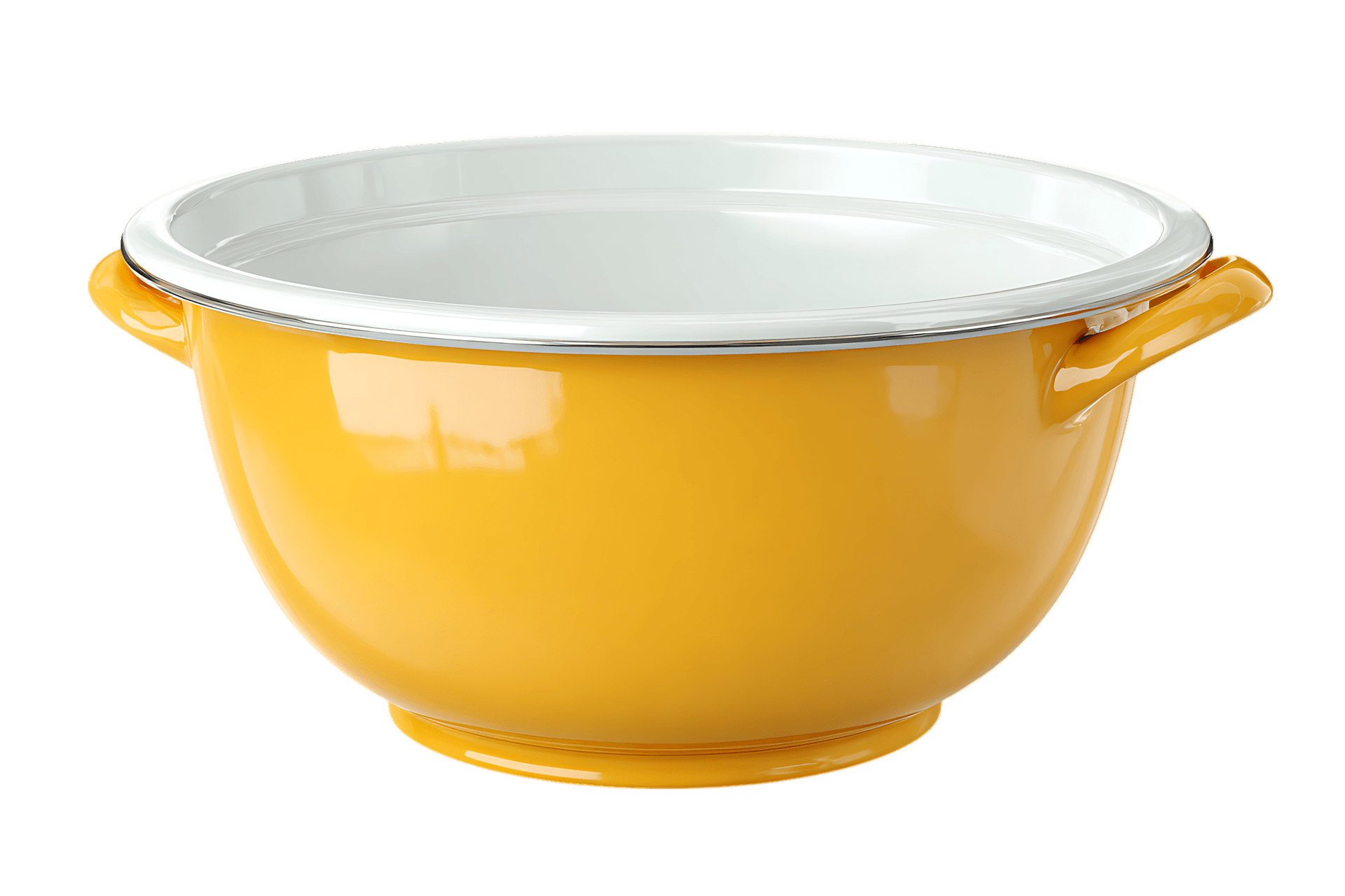 Vintage style enamel mixing bowl, yellow with white lid and handles.