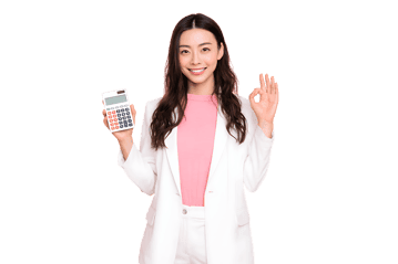 Asian businesswoman showing calculator and OK sign, indicating financial success.