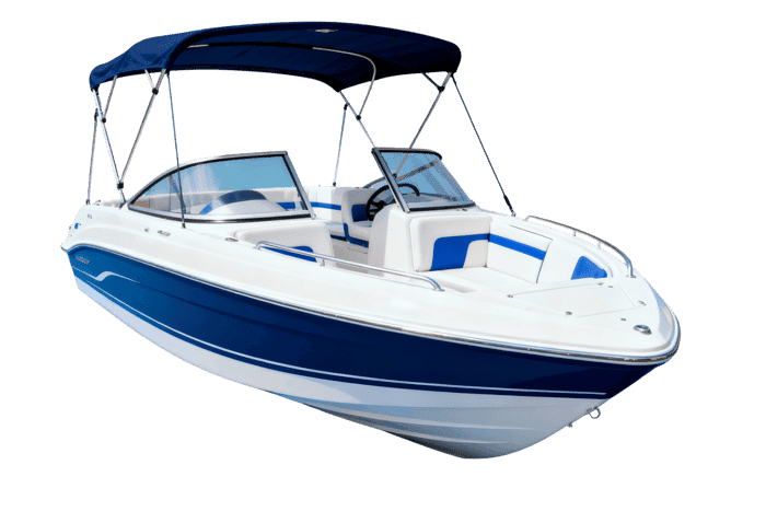 White and blue deck boat with canopy