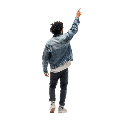 Man walking and pointing, seen from behind. Ideal for concepts of direction, leadership, and progress.