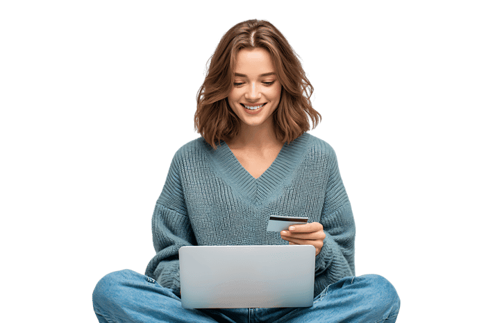 Happy woman shopping online with credit card.