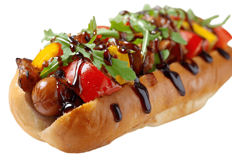 Gourmet hot dog with balsamic glaze.