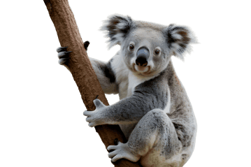 Adorable koala climbing a tree branch on transparent background