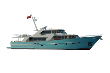 Blue and white luxury motor yacht on transparent background