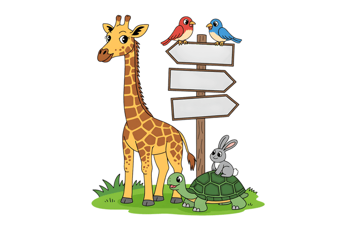 Cartoon giraffe, turtle, rabbit, and birds with signpost