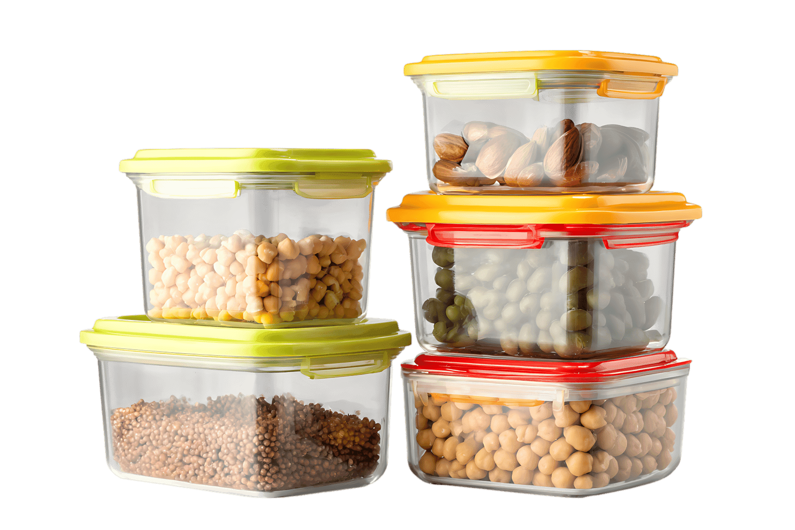 Colorful plastic containers for storing food.  Organized kitchen.