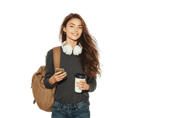 Smiling young woman with backpack, headphones, coffee and phone.
