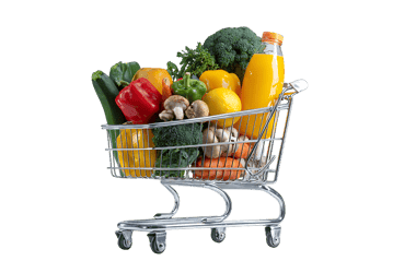 Healthy food shopping concept.  Fresh fruits, vegetables and juice in a shopping cart.