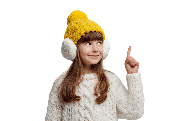 Cute girl in warm hat and earmuffs pointing upwards, suggesting an idea or direction.