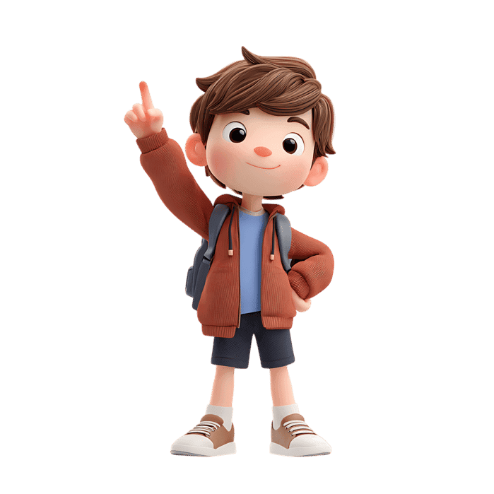 Cute 3D boy with backpack pointing up. Perfect for educational or back to school projects.