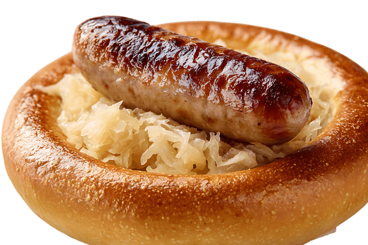 Grilled sausage on sauerkraut in a bun