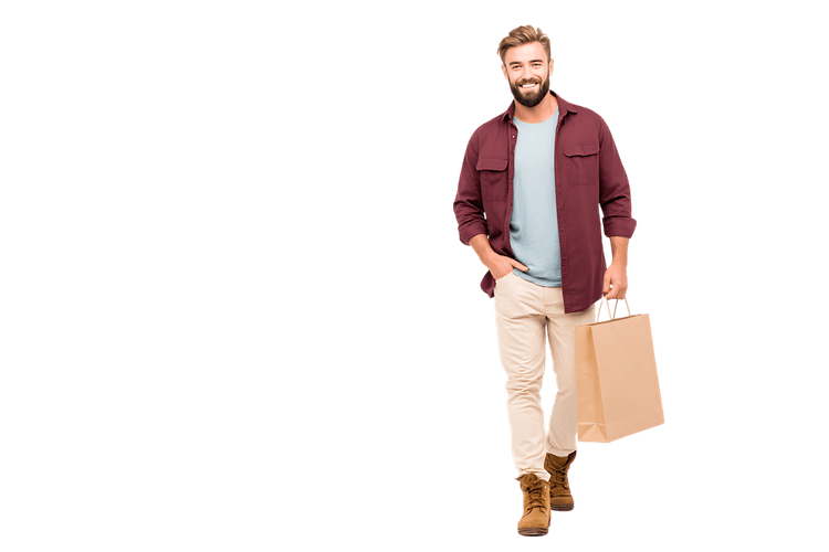 Happy man carrying shopping bag, walking.