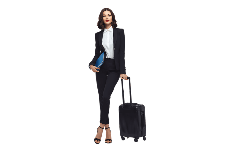 Confident businesswoman ready for travel, holding a briefcase.
