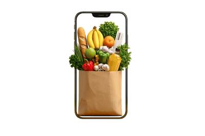 Smartphone screen showing a grocery bag full of fresh produce and goods.