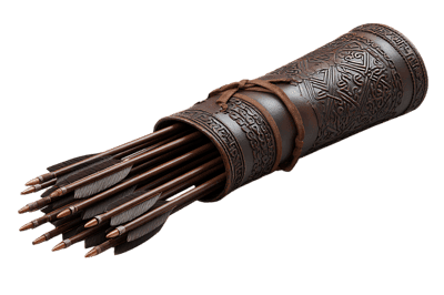 Ornate leather quiver filled with medieval arrows