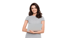 Smiling woman holding a tablet, technology concept