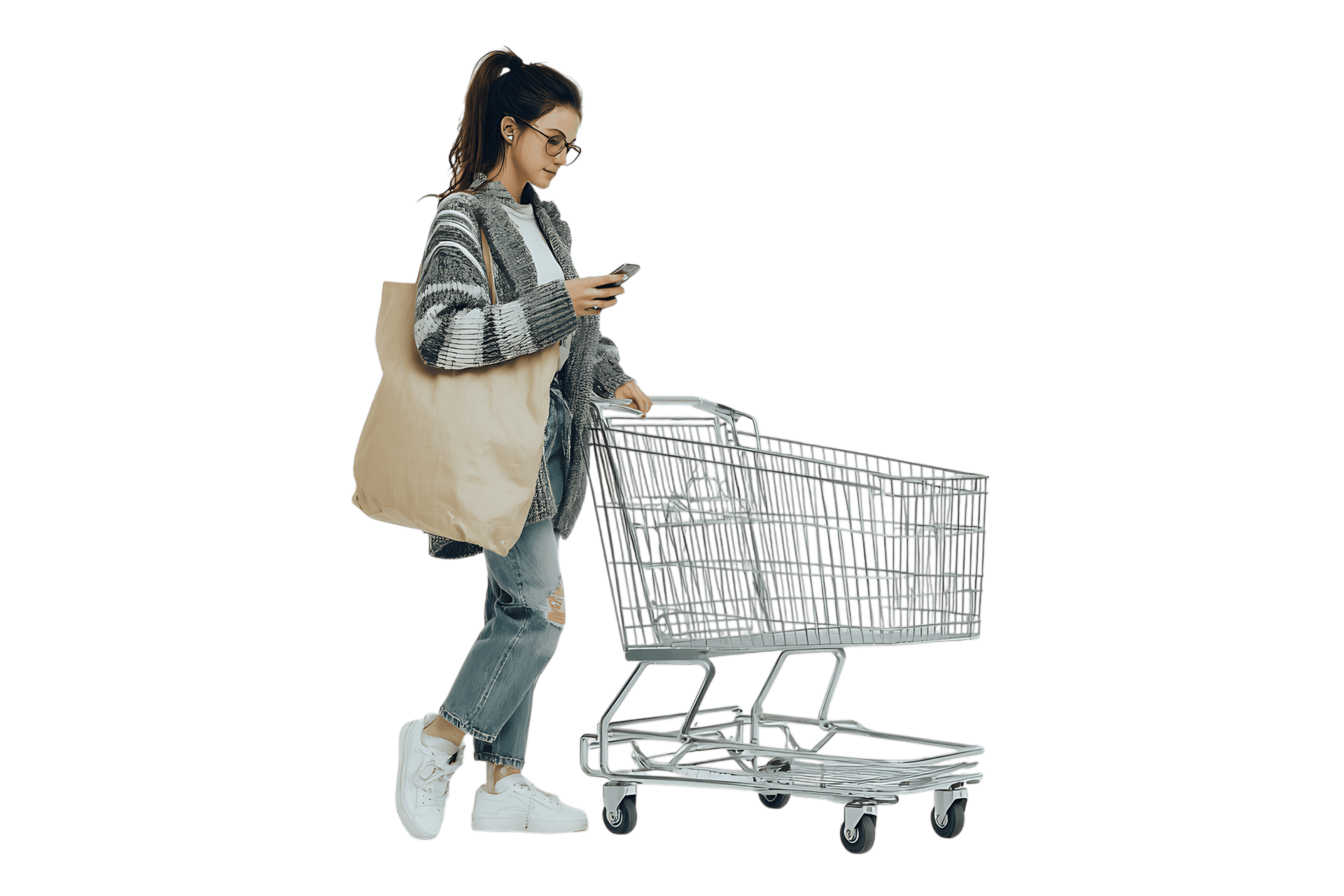 Young woman uses her phone while shopping with reusable tote bag and shopping cart.