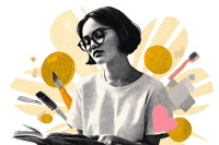 Young woman reading a book with beauty and self care elements.