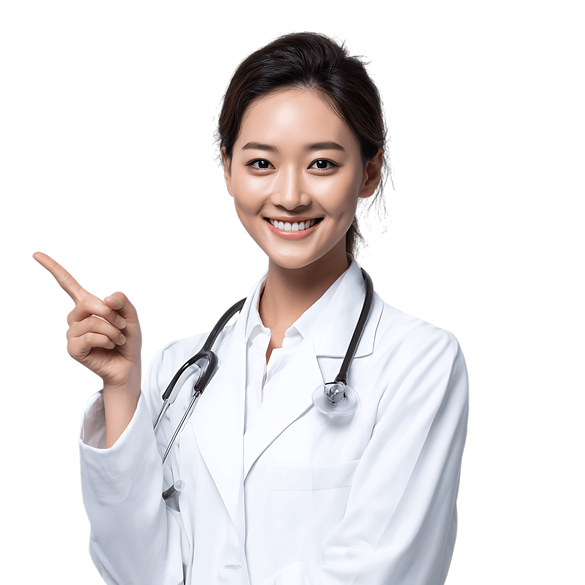 Smiling female doctor points to the side
