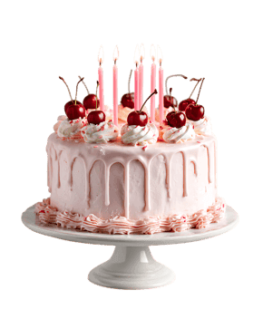 Pink birthday cake with lit candles933