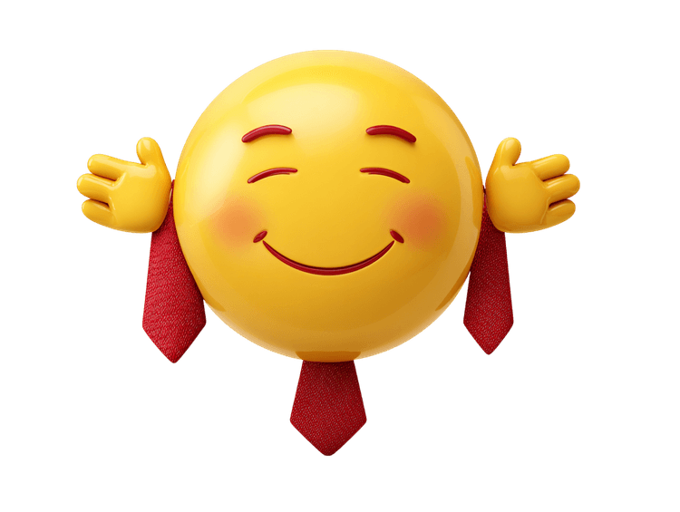 Smiling emoji with open arms and a red tie