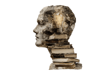 Head with books and lightbulb, idea concept.