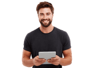 Smiling man holding a tablet.