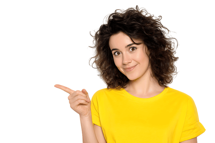 Happy woman pointing her finger to the side. Great for marketing and advertising.
