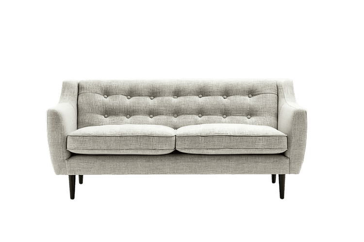 Elegant light gray buttoned sofa, modern design.