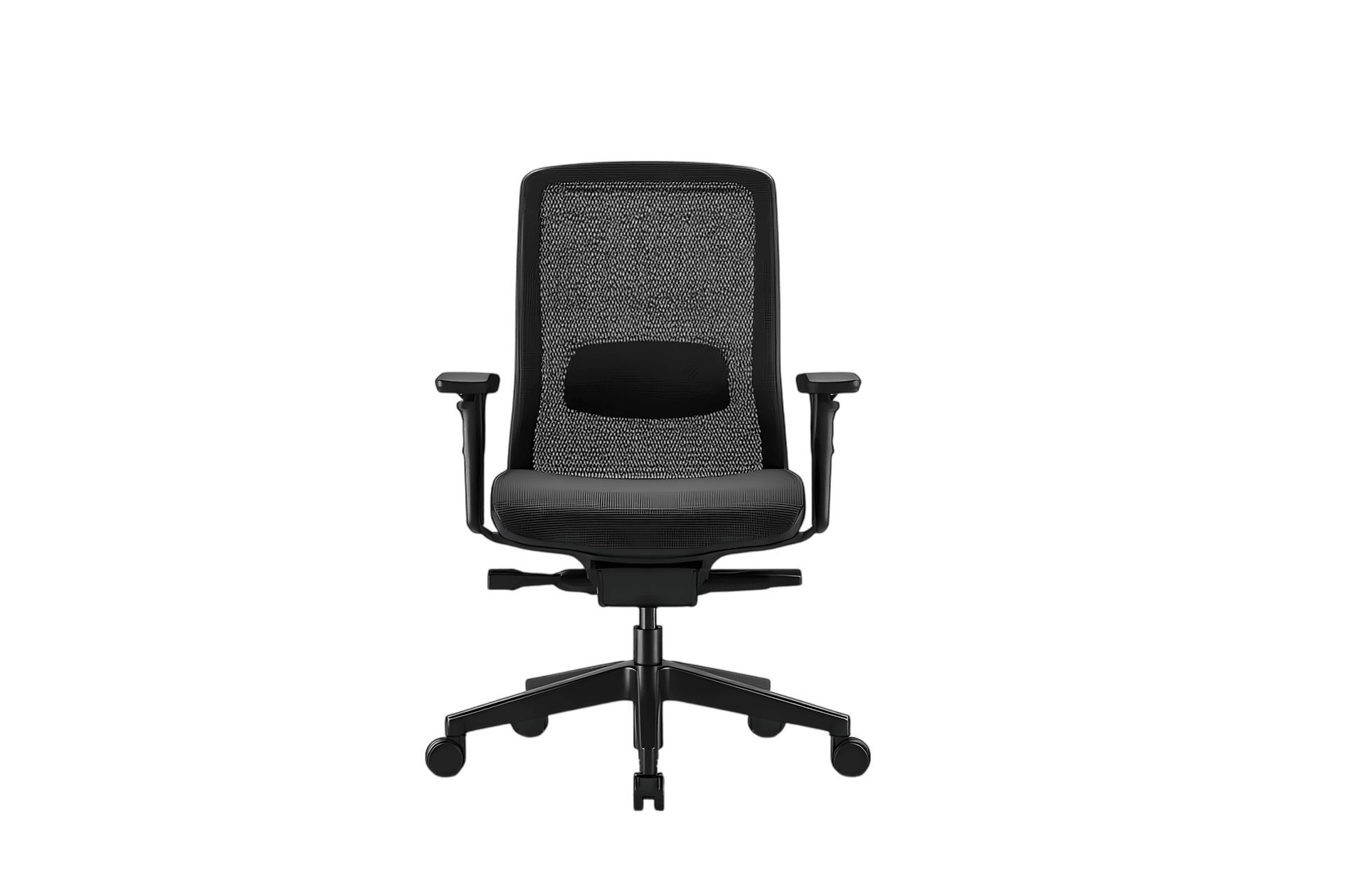 Front view of a sleek black office chair on a black background