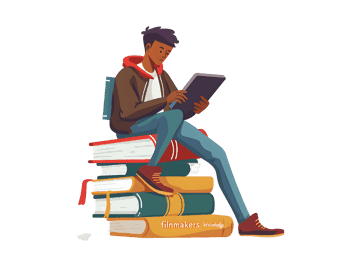 Student using tablet while sitting on stack of books