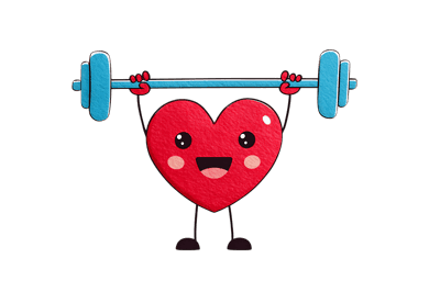 Cute heart character lifting a barbell, promoting heart health and fitness.