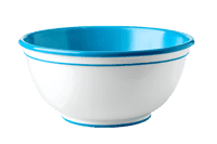 White enamel bowl with blue rim, isolated on black background.