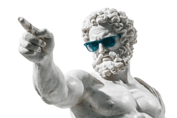 Marble statue wearing sunglasses, pointing.  Ancient meets modern.