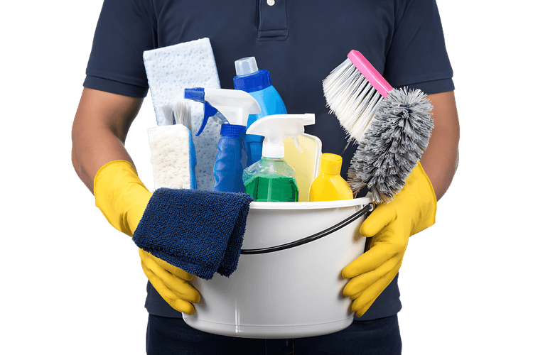 Person holding a bucket of cleaning products.