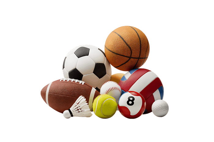 Assortment of sports balls &amp; equipment.