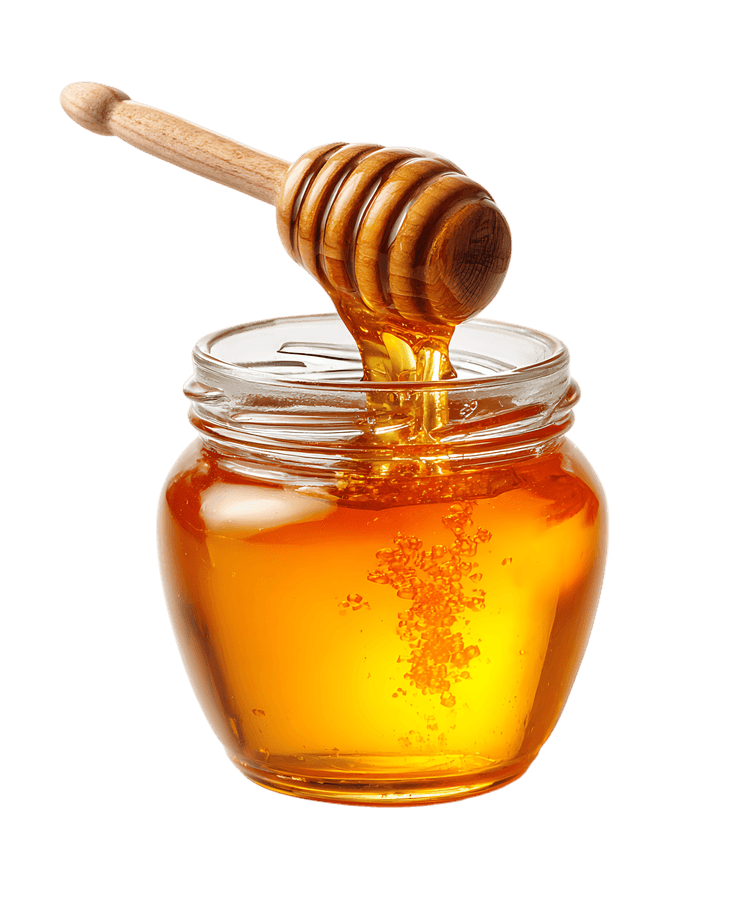 Golden honey pours into a jar.