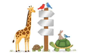 Cartoon giraffe, turtle, rabbit, and birds by a signpost