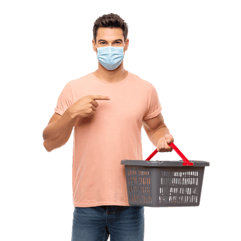 Man in mask points to empty shopping basket