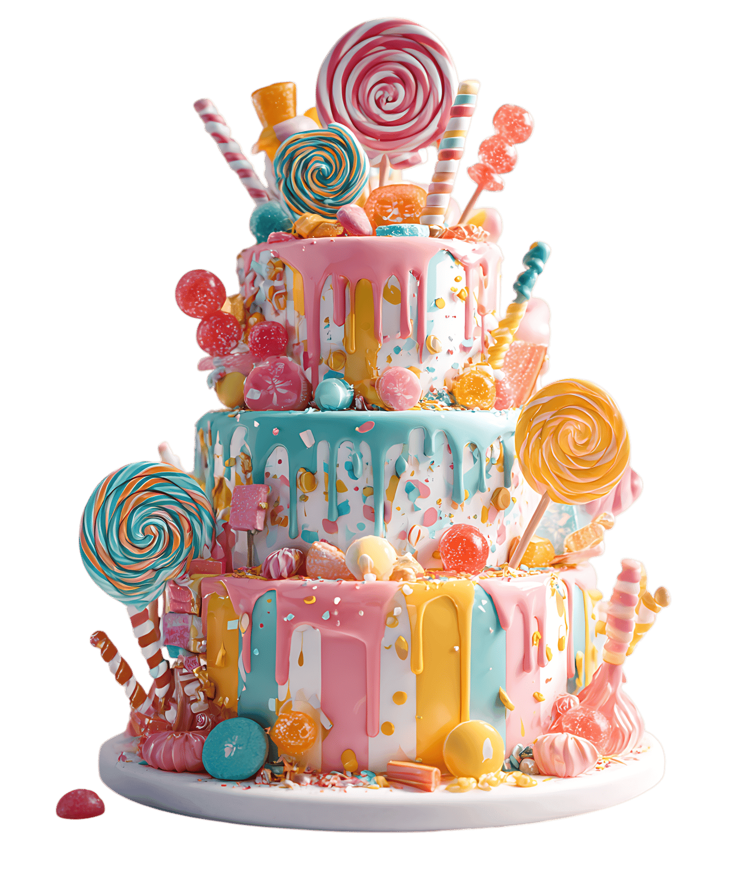 A three-tiered cake decorated with colorful candies and lollipops.