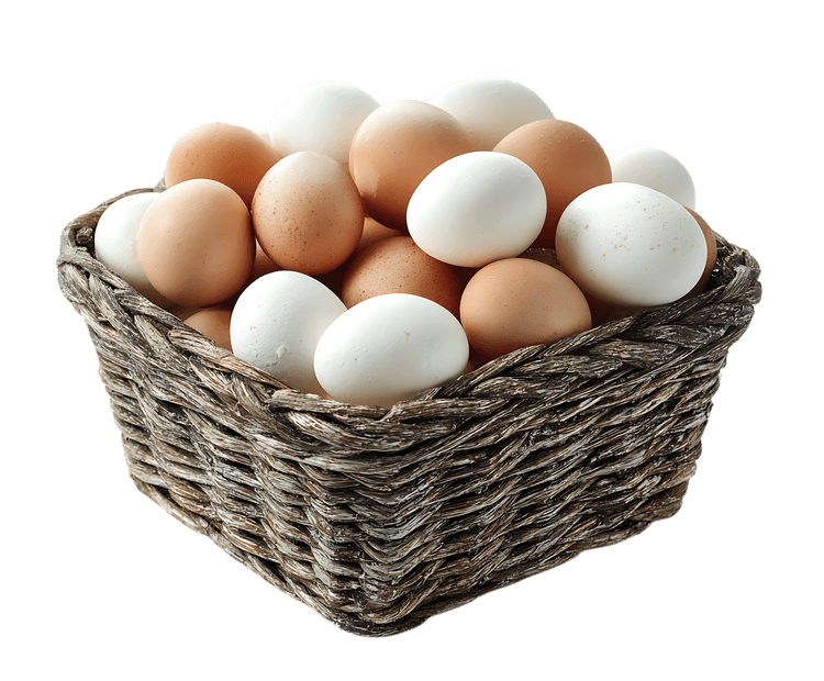 Brown and white eggs in a rustic basket.